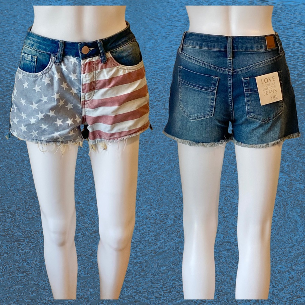 YMI Americana Stars Stripes Flag Frayed Shorts Women’s Juniors NWT
